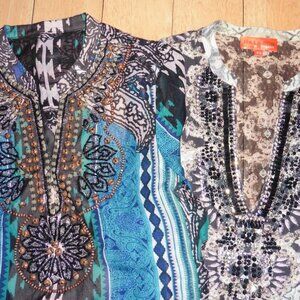 TWO Hale Bob Embellished Cabana Resort Cruise Y2K 90s Tunic Tops Bundle XS